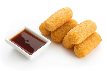 Fried Cheese Sticks Appertizers with sauce isolated on white background