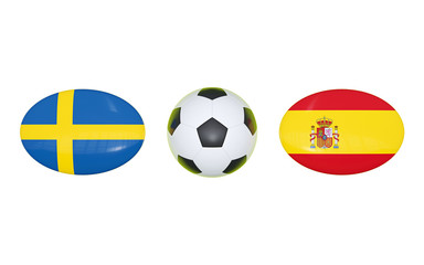 European Football Championship 2020. Schedule for football matches Sweden - Spain. Flags of countries and soccer ball. 3D illustration.