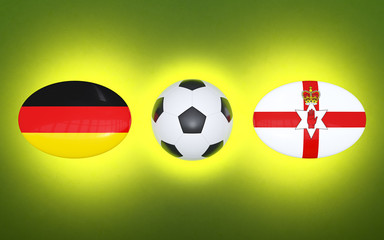 Obraz premium European Football Championship 2020. Schedule for football matches Germany - Northern Ireland. Flags of countries and soccer ball. 3D illustration.