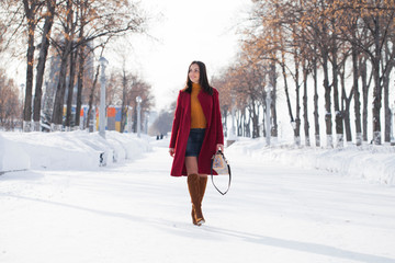 Young beautiful brunette woman in red coat posing on winter park