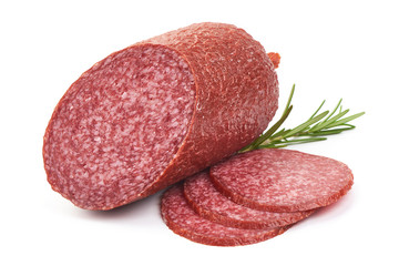 German Salami with rosemary, close-up, isolated on a white background