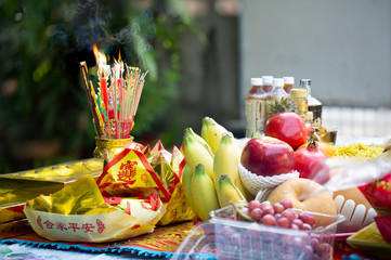 Incense burner and fruits in Worship ceremony Chinese New Year day