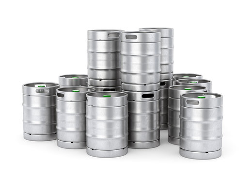 Metal beer kegs stack isolated on white background. 3D illustration