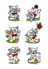 playing kitten with ribbon on the neck, set of icons, color clipart