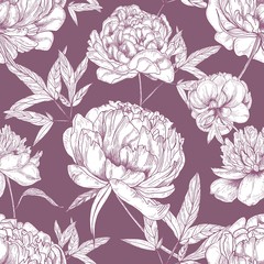 Natural seamless pattern with tender peony flowers hand drawn with contour lines on pink background. Floral backdrop with beautiful flowering garden plants. Realistic botanical vector illustration.
