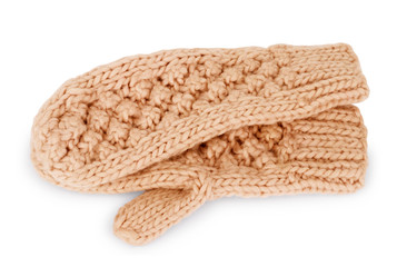 A pair of colored, soft, knitted mittens on a white background
