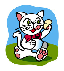 Fototapeta premium kitten eating yogurt color background