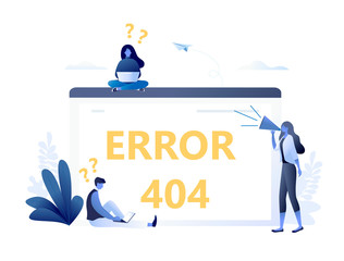 Error 404 with people and big computer screen, disconnection from the Internet, unavailable page. Flat concept vector illustration for web banner, website, presentation.