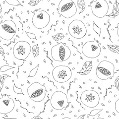 seamless pattern with white and black hand drawn pomegranates leaves and seeds doodles vector illustration
