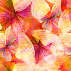 Butterflies seamless pattern on a background of orange and pink watercolor blots. Fluttering motelki.
