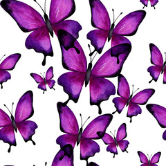 Seamless watercolor pattern of violet butterflies flying upwards on white background. Watercolor drawing. Dark moth silhouettes.