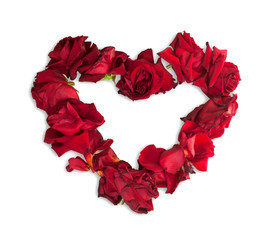 Beautiful heart of red rose petals isolated on white background. Happy Valentine's Day!
