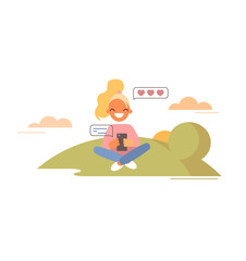 Girl chats and sends hearts message. Flat style vector illustration. Young woman seats on lawn and chats with someone she loves.