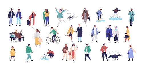Crowd of tiny people dressed in seasonal clothes or outerwear walking on street and performing spring outdoor activities. Group of funny men, women and children. Flat cartoon vector illustration.