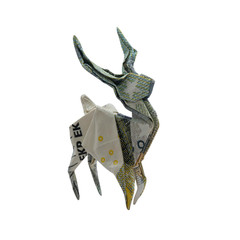 Money Origami Baby DEER Wild Stag Animal Folded with Real 5 Euro Note Isolated on White Background