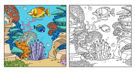 Underwater world with cute fishes, corals and anemones color and outlined isolated on white background
