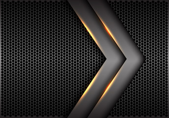 Abstract grey arrow gold light effect direction on dark hexagon mesh design modern futuristic technology background vector illustration. 