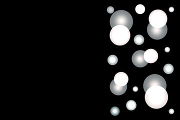 Bright white and gray bubbles or spheres  on a black background, Night party concept.