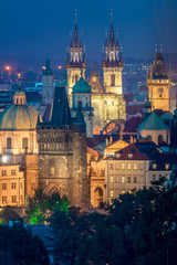 Night Aerial view of Prague landmarks, Czech