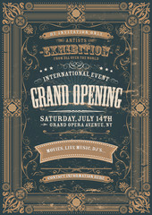 Vintage Design Invitation Background/ Illustration of a vintage invitation background to a grand opening exhibition with various floral patterns, frames, banners, grunge texture and retro design - 247367494