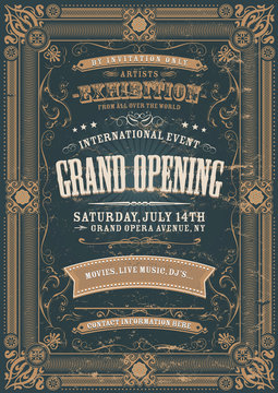 Vintage Design Invitation Background/ Illustration of a vintage invitation background to a grand opening exhibition with various floral patterns, frames, banners, grunge texture and retro design