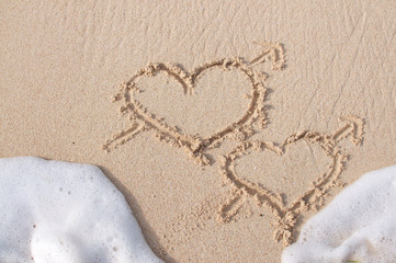 Two heart shapes drawn at the beach