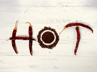dried pods of red hot chili peppers and black peppercorn concept text hot