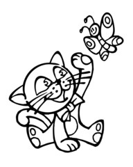 kitten playing with a butterfly, black and white icon