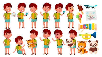 Asian Boy Kindergarten Kid Poses Set Vector. Active, Joy Preschooler Playing. For Presentation, Print, Invitation Design. Isolated Cartoon Illustration