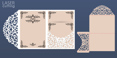 Laser cut wedding invitation card vector template. Tri fold pocket envelope. Wedding lace invitation mockup.