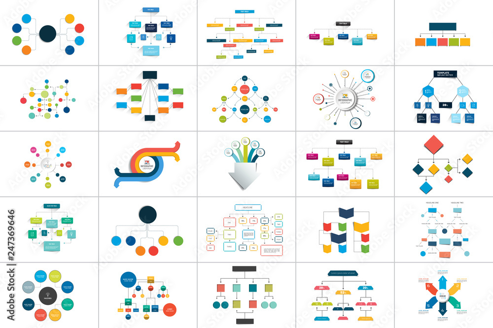 Poster mega set of various flowcharts schemes, diagrams. simply color editable. infographics elements.
