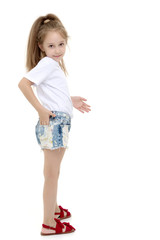 Little girl in a pure white t-shirt for advertising and shorts.