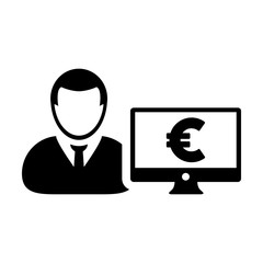 Business icon vector male user person profile avatar with computer monitor and euro sign currency money symbol for banking and finance business in flat color glyph pictogram illustration