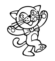 kitten with ribbon, marching with paws up, black and white icon