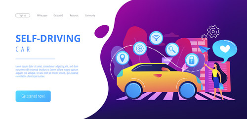 Businesswoman with heart likes using autonomos car with technology icons. Autonomous car, self-driving car, driverless robotic vehicle concept. Website vibrant violet landing web page template.