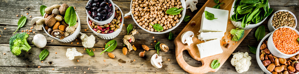 Healthy plant vegan food, veggie protein sources: Tofu, vegan milk, beans, lentils, nuts, soy milk,...