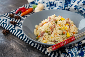Cantonese fried basmati rice with ham and eggs