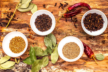 Set of different spices and herbs - black pepper, allspice, cumin, hot pepper, bay leaf, coriander, cardamom, star anise, cinnamon sticks, salt. On wooden bark background, top view.