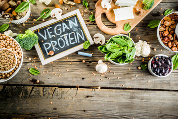 Healthy plant vegan food, veggie protein sources: Tofu, vegan milk, beans, lentils, nuts, soy milk,...