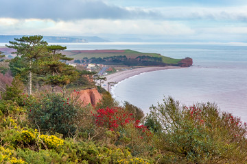Fototapeta na wymiar View from the coast path below West Down Beacon, near Budleigh Salterton, Devon. Looking east to Otter Hear at the mouth of the River Otter.