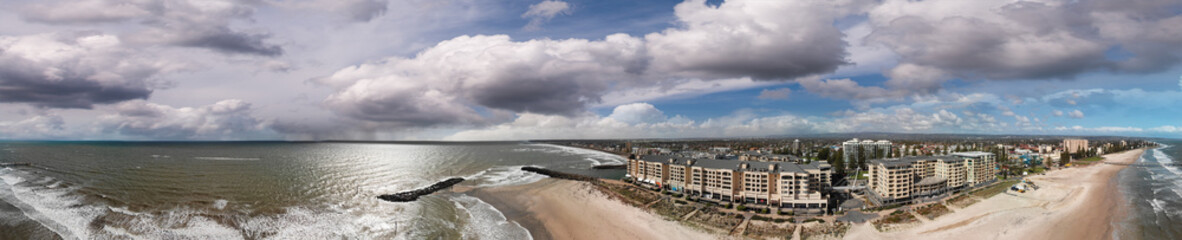 Glenelg, Australia. Panoramic aerial view of cityscape and coastline on a sunny day