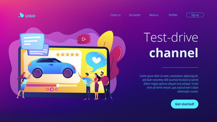 Customers like video with experts and modern car review with rating stars. Car review video, test-drive channel, auto video advertising concept. Website vibrant violet landing web page template.