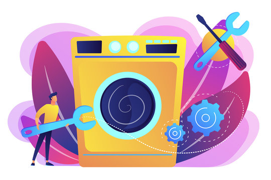 Service repairman with big wrench repairing washing machine. Repair of household appliances, smart TV service, household master services concept. Bright vibrant violet vector isolated illustration
