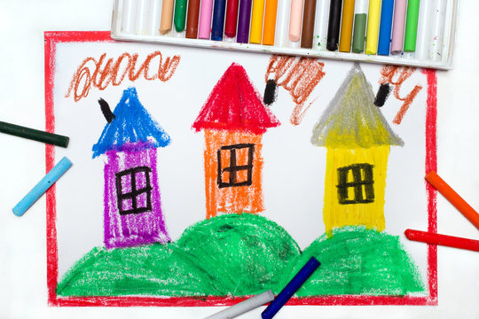 Colorful drawing: village with small houses on hills