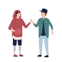 Cute teenage boy with prosthetic legs giving high five to her friend