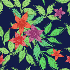 Beautiful print with flowers and leaves on a dark blue background