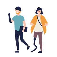 Happy young woman with prosthetic leg and man with artificial arm walking together and talking to each other. Socialization of people with physical impairment. Flat cartoon vector illustration.