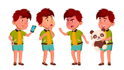 Asian Boy Kindergarten Kid Poses Set Vector. Caucasian Child Expression. Activity. For Banner, Flyer, Web Design. Isolated Cartoon Illustration