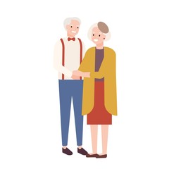 Cute elderly couple in love. Old man and woman standing together and holding hands. Grandfather and grandmother isolated on white background. Colorful vector illustration in flat cartoon style.