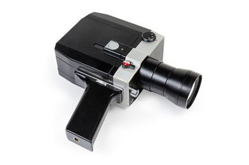 Super 8mm amateur mechanical movie camera on a white background